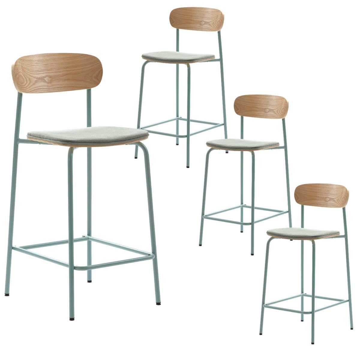 Tabourets de bar dossier bois et pieds métal Ridila bleu turquoise x4 pour îlot