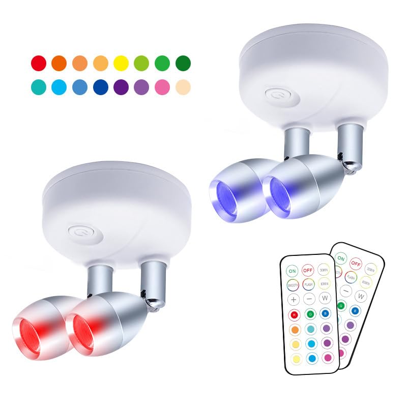 2 Pack Dual Head Battery Operated Spotlights with Remote 13 Color Dimmable & Brightness Accent Lights, Indoor Wireless RGB LED Spot Light with 360 Degrees Rotatable Head Stick on Wall Hallway, White