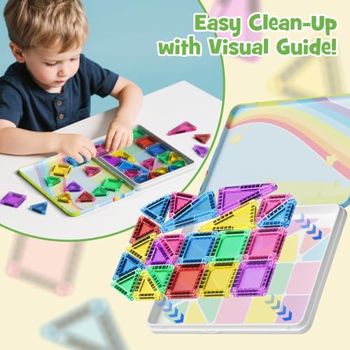 Image of Magnetic Tiles Travel Set Toddlers: 42PCS Mini Building Blocks for Planes | Iron Case Flips to Play Base, 1:1 STEM Visual Guide Teaches Cleanup, Candy Colors Quiet Car Ride Activities for Kids Ages 3-5