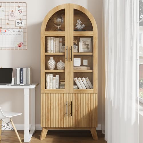 RNLRNL 71' Modern Fluted Display Cabinet with Glass Door, Arched Curio Cabinet with Adjustable...