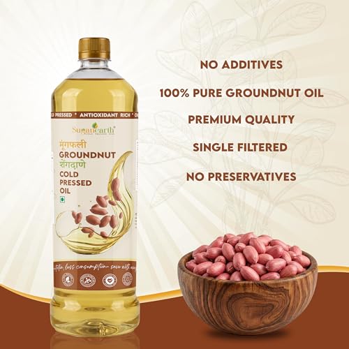 Image of Sugan Earth Cold Pressed Groundnut Oil 900ml | 100% Natural & Unrefined Sing Tel, Penut Oil | 0 trans fat, Chemical free Pure Singdana Tel | Kolhu, Kacchi Ghani, Mara Chekku, Ganuga | Expeller Pressed Rich Flavor Cooking Oil | Single Filtered Edible Oil