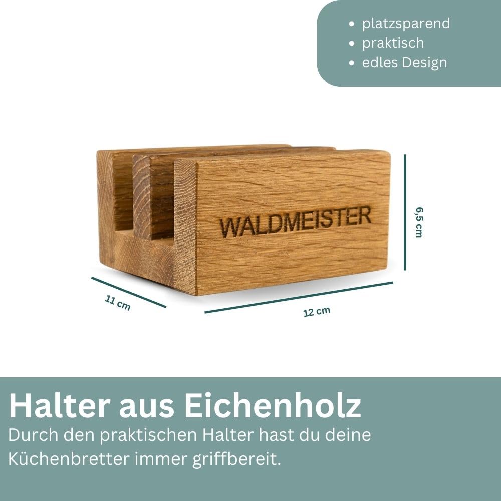 Waldmeister Schneidebrett 2er Set aus massiver Eiche (33x24/26x18cm) - Eichenbrett mit Saftrille - Holzbrettset mit passender Halterung - perfekt für deine Küche
