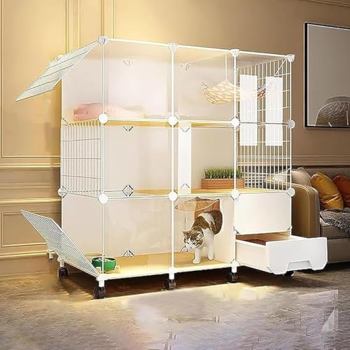 Kisigim 掃除や移動が簡単猫 ケージ トイレ付き トイレ一体型 防臭 飛散軽減 引き出し スコップ付き 掃除しやすい キャットケージ 組立簡単 猫用ケージ 大型 幅広 多頭飼い 脱走防止 コンパクト 子猫 保護用 室内用 (107*47*112cm)