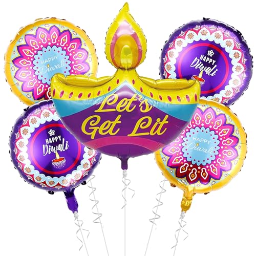 Image of Rozi Decoration Happy Diwali Lets Get Lit Diya Foil Balloons for Deepawali Festival Decor Set of 5 Pcs Happy Diwali Decoration Items, Happy Diwali Decoration Foil Balloon