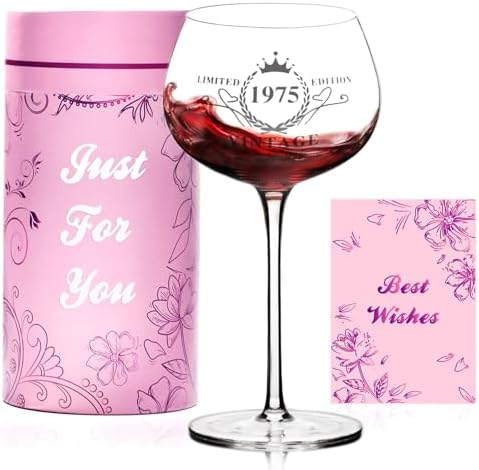 50TH Birthday Gifts for Her, Vintage 1975 Engraved Wine Glass, 50th Birthday Decorations, Cool 50 Year Old Birthday Gift Idea for Women, Sister, Friends, Daughter, Mom - Turning 50 Present