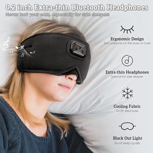Image of Sleepals Sleep Headphone Eye Mask with White Noise, 35H Battery Life, Built-in Speakers for Side Sleepers, 100% Light Blocking, Wireless Music Streaming (Black 3D)