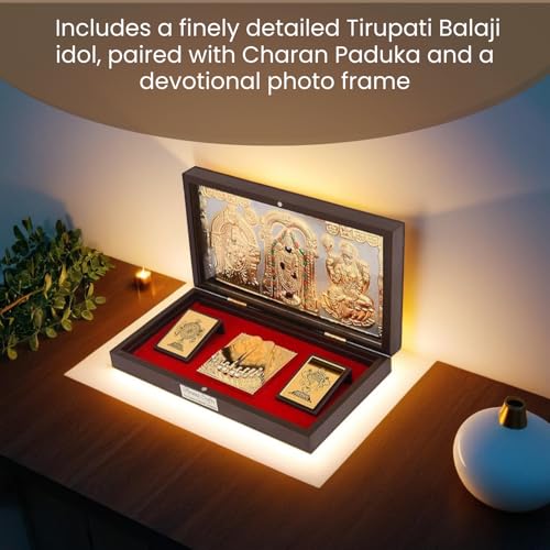 Image of Tirupati Balaji Idol with Charan Paduka | Tirupati Balaji Photo with Frame | Charan Paduka Box for Pooja, Weeding Gifts & House Warming | Gold Plated | Diwali Gifts