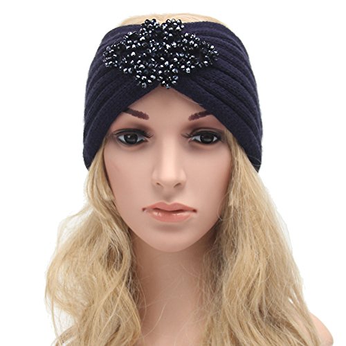 Ladies Jewel Accessory Winter Warm Turban Soft Knit Headband Beanie Crochet Headwrap (Navy blue)