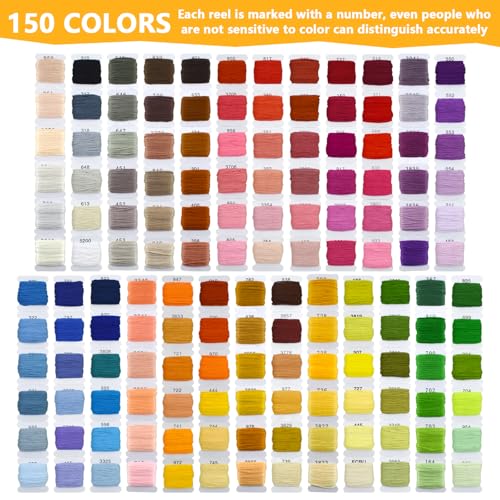 Image of 187Pcs Embroidery Floss Kit, 150 Colors Cross Stitch Thread Tools with Organizer Storage Box, Include Scissors, Thimble, Sewing Needle, Threader and Remover, Friendship Bracelet String Make