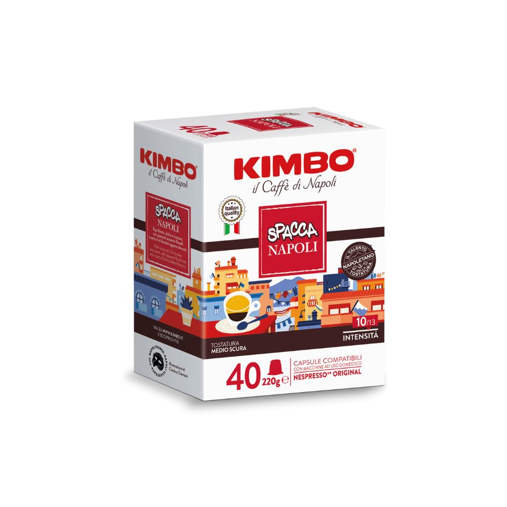 Kimbo 240 Cápsulas Cafè Compatibles Nespresso®, Spacca Napoli | 5 Paquetes de 40 Cápsulas, Mezcla Intensa y con Cuerpo, Intensidad 10/13, Tueste Medio-Oscuro