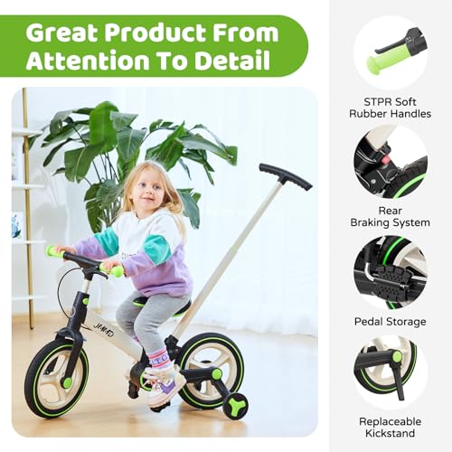 Image of JMMD 6 in 1 Toddler Bike with Push Handle for Kids 18-60 Months, 12 inch Foldable Balance Bike with Training Wheels, Pedals, Brakes, Kickstand, Push Tricycle Toddler Gift & Toys for Boy & Girl