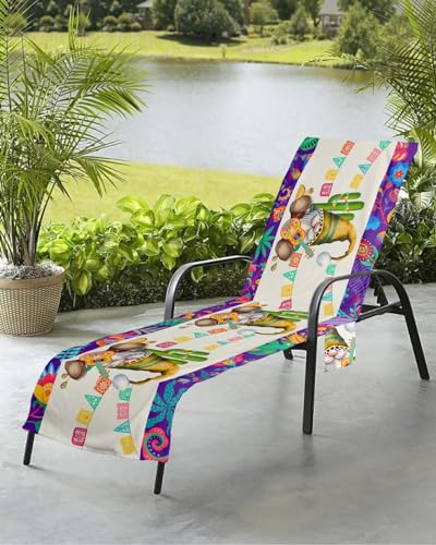 Mexican Gnomes Beach Chair Towel Covers for Chaise Lounge with Side Pocket, Soft Plush Pool Towels Cover for Patio Sunbathing Outdoor 29''x85'' Boho Colorful Cactus Guitar Dwarf