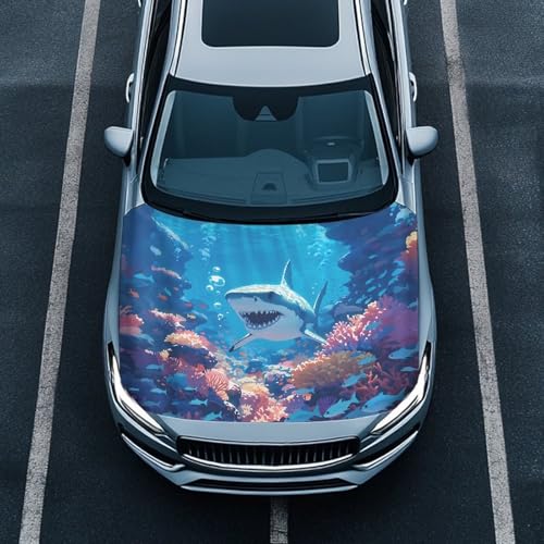 Image of Hood Cover for Car SUV Sedan Truck, Shark Pattern Waterproof Elastic Polyester Car Hood Protector, Patriotic Decorative Automotive Accessories for Summer