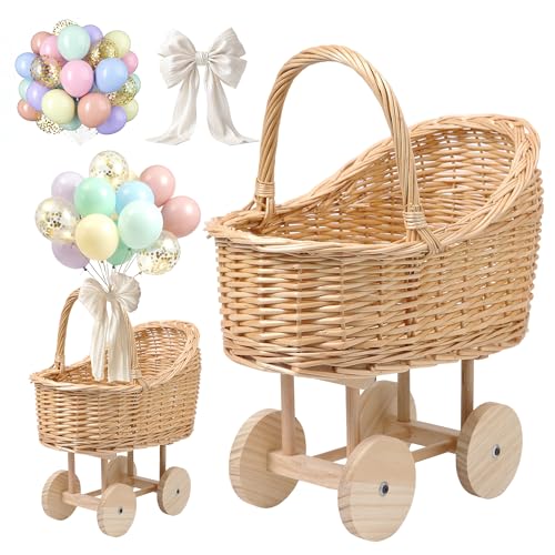 Wicker Carriage Woven Rattan Stroller Shaped Flower Basket Natural Willow BranchesUsed for Welcoming Infants Wedding Parties Home Decor Floral Decoration (Not for Infants) (L Wicker Carriage a)