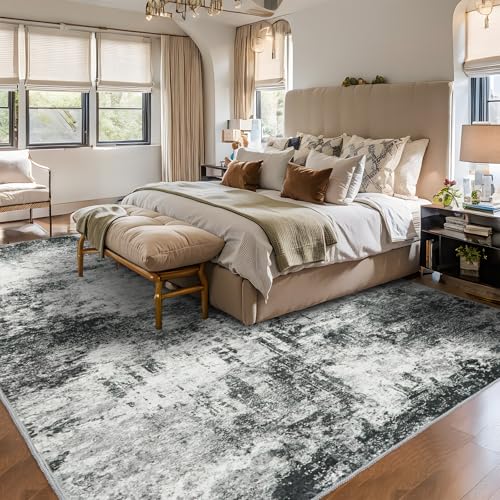 RUUGME 9X12 Abstract Area Rug:Large Washable Living Room Rug Indoor Non Slip Low Pile Carpet for Bedroom Soft Foldable Stain Resistant Distressed Thin Rug for Dining Room Kitchen 9X12 Black A