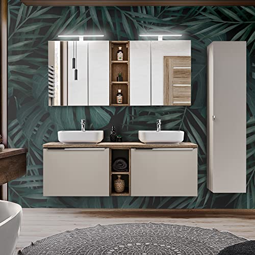 Lomadox Badmöbel Komplett Set in Taupe mit Vintage Eiche, 140cm Doppel-Waschtisch mit Unterschrank, 2 Keramik Waschbecken, Regale, 2 LED-Spiegelschränke, Hochschrank