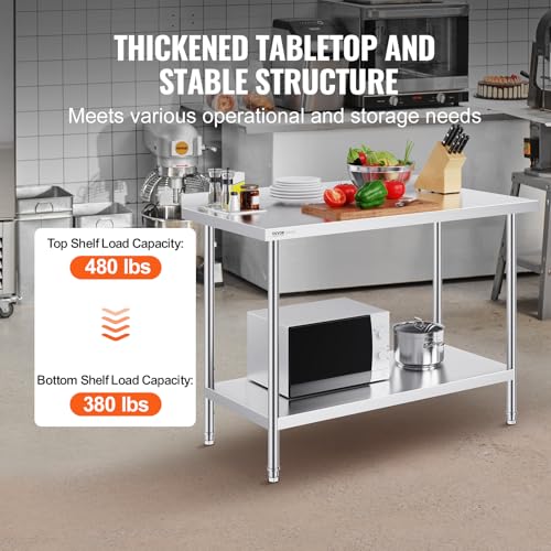 Image of VEVOR 24 x 48 x 36 Inch Stainless Steel Work Table, Commercial Food Prep Worktable Heavy Duty Prep Worktable, Metal Work Table with Adjustable Height for Restaurant, Home and Hotel
