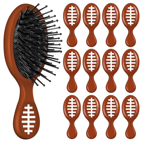 12 Pcs Football Mini Detangler Brush, Mini Travel Hair Brush, Bristles Plastic Detangling Brush, No Tangle Soft Flexible Bristles for Straight, Curly, Thick Hair for Football Team Gift Sport Party