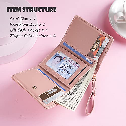 Cute Floral Wallet for Women, Compact Trifold Ladies Purse Card Holder with ID Window, Coin Change Keys Zipper Pocket for Female Teen Girls Students (Pink)3