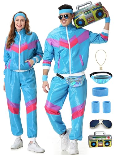 KUKIKUKI 80er/90er Jahre Outfit für Herren & Damen Tracksuit Sportbekleidung Streetwear Trainingsanzug Jogginganzug - Blau XL