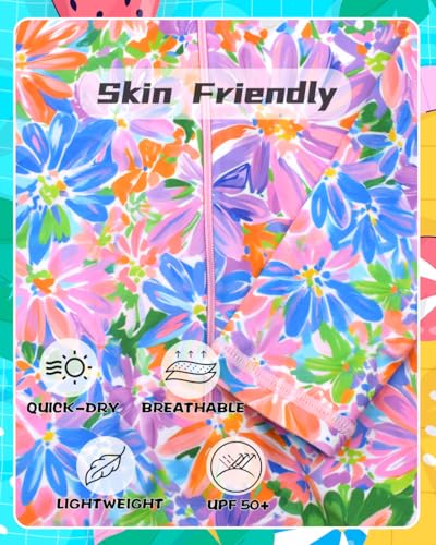 Image of Kids Girls Rash Guard Long Sleeve One Piece Swimsuits Zipper Bathing Suits UPF 50+ Tropical Plant Flowers Ages 3-12