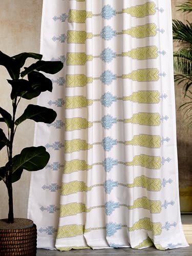 Image of Tranquebar Curtain Co. Window Curtains 5 Feet, 60-65% Room Darkening,Blue-Green Geometric Print, Cotton Curtains for Window, Cotton Curtains 5 Feet Long Set of 2,BackTab Loops,Tavi (152 cm) - Set of 2