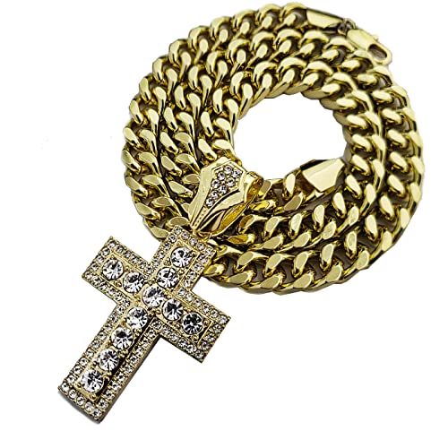 Full Iced Gold Plated CZ Holy Cross Bling Pendant & 10mm 18