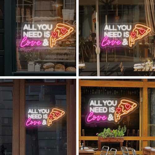 Image of All You Need Is Love & Pizza,Pizza Neon Sign for Wall Decor, Pizza LED Neon Light for Pizzeria, Restaurant, Kitchen, Store, Food Lovers Bedroom Restaurant Shop Party Decoration, 21.26 inchx10.63 inch
