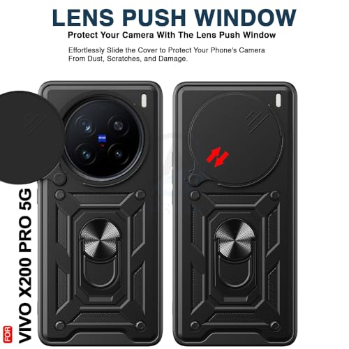 Image of AESTMO TPU+PC Tough Armor Vivo X200 Pro 5G Bumper Back Case Cover | Ring Holder & Sliding Camera Shield Cover | 360 Degree Protection Back Case Cover for Vivo X200 Pro 5G (Black)