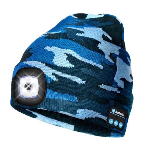 Image of Wmcaps Bluetooth Beanie with LED Light, Winter Hat Gifts for Men Women | Bluetooth Hat with Light Cordless Headphones, USB Rechargeable, Hands-Free Headlamp For Dog Walking, Running, Outdoor Work