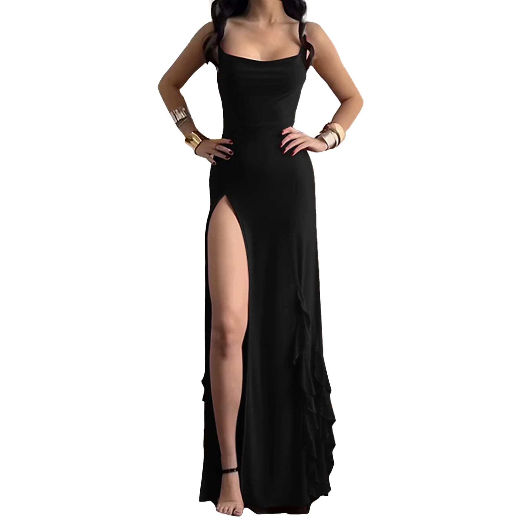 Elegante vestido largo ajustado sin mangas con tirantes delgados, espalda descubierta, abertura lateral, vestido largo de cóctel para mujer