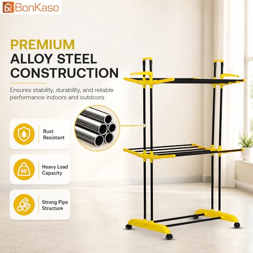 Image of BonKaso AirFold Compact 2-Tier Double Pole Foldable Clothes Drying Stand, Portable Heavy Duty Alloy Steel Laundry Rack with 360 Wheels and 8 Hanger Slots, for Indoor and Outdoor Use, Black & Yellow