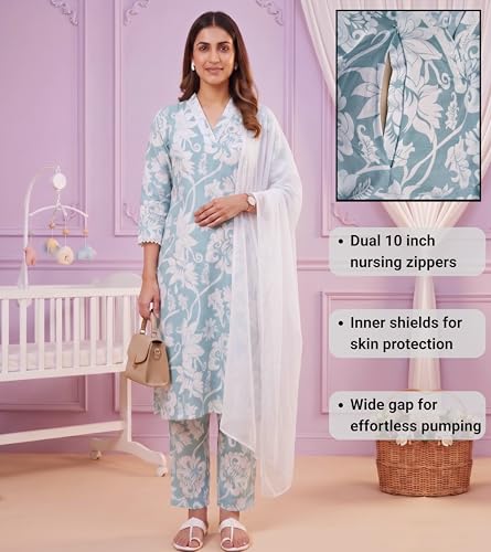 Image of DUMMY SHAPE Maternity Dresses for Women Cotton | Floral Kurta Pant Dupatta Set with Nursing Zippers, Side Pocket | Pre & Post Pregnancy | Feeding Kurti Suit | Baby Shower | Gifts for Pregnant Woman
