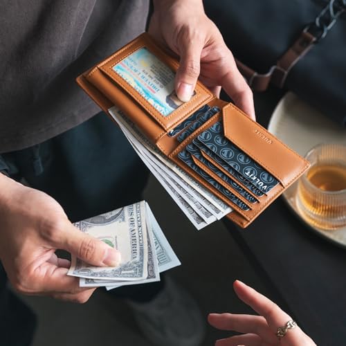 VULKIT Men's Bifold Wallet Genuine Leather Wallet RFID Blocking with Multiple Card Slots and Double ID Windows Everyday Carry Wallet2