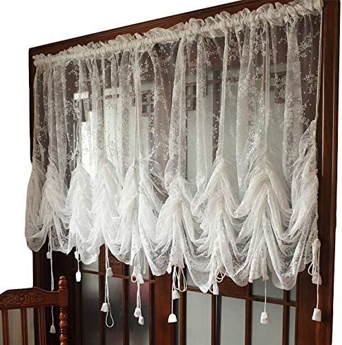 FADFAY Elegant White Lace Embroidered Sheer Balloon Curtains, Adjustable Tie-Up Curtain, 1 Panel Floral Tulle Curtains for Windows-78''*90''