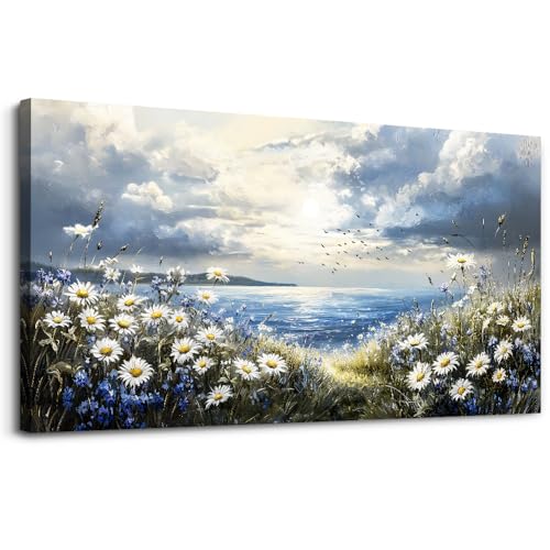 KELIYUAN Large Canvas Wall Art For Living Room Bedroom Wall Decor Home Office Blue Mediterranean Garden Landscape Painting Room Bathroom Dining Room Prints Artwork Picture Wall Decoration 20x40 In