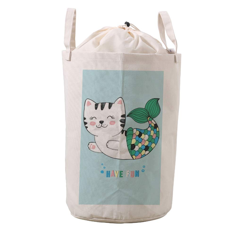 Sac à linge en lin avec cordon et motif chat sirène Kawaii pour salle de bain