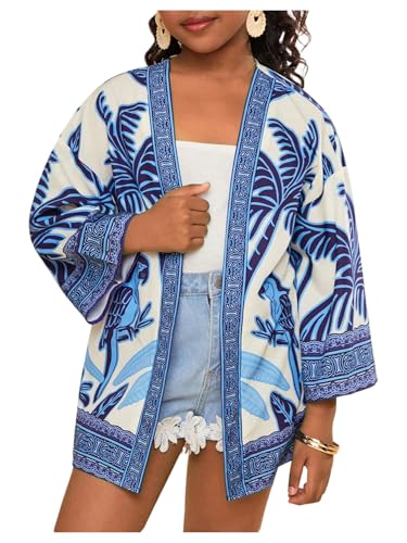 Verdusa Girl's Boho Tropical Beach Cover Up Open Front Long Sleeve Vacation Kimono Shirt