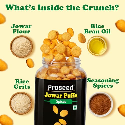 Image of Proseed Jowar Puffs (Spices & Tandoori) | 150g x 2 Packs (Total 300g) | Slow Roasted & 100% Veg | No Refined Flour, Sugar & Trans-Fat | Gluten Free, No Palm Oil | Healthy Travel Friendly Millet Snacks