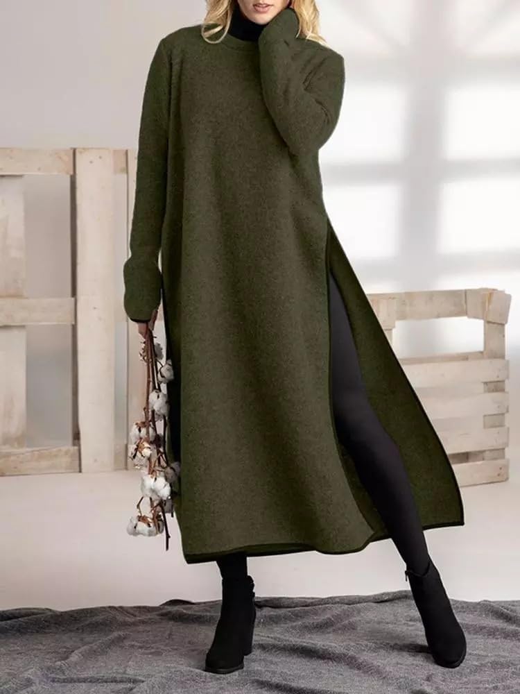 Women Casual Long Sleeve Fleece Lined Sweatshirt Dress Fall Oversized Crewneck Slit Loose Pullover Maxi Dress - Image 2