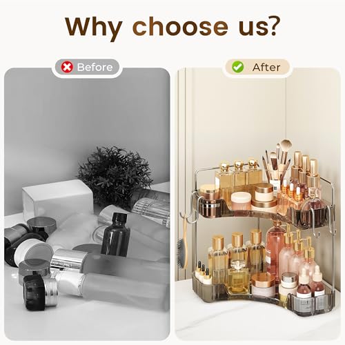 Image of Corner Counter Organizer, 2-Tier Bathroom & Kitchen Storage Tray with Hooks | Clear Vanity Organizer for Skincare, Makeup & Jewelry
