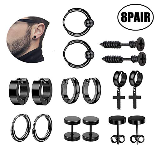 JZZJ 8 Pieces Boucle pour D Oreille Femme Homme Fantaisie Ronde Fille Noir Acier Inoxydable Petite Boucle Set Noir-Tone?Noir-Tone?