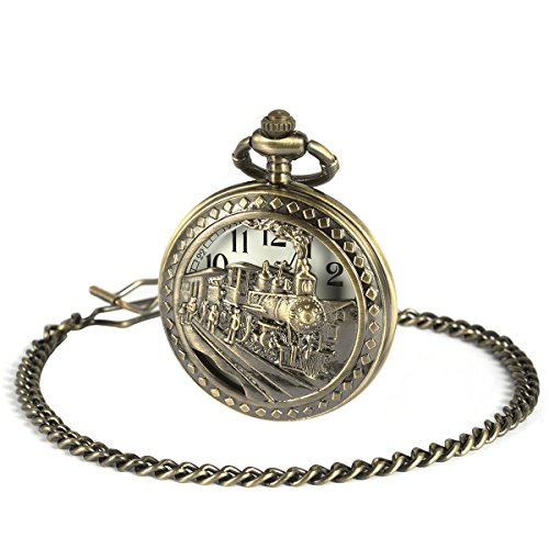 Image of SIBOSUN Antique Men Pocket Watch with Chain Oversized 50MM 1.96 Inch 3D Locomotive Steam Train Railroad Hollow + Box
