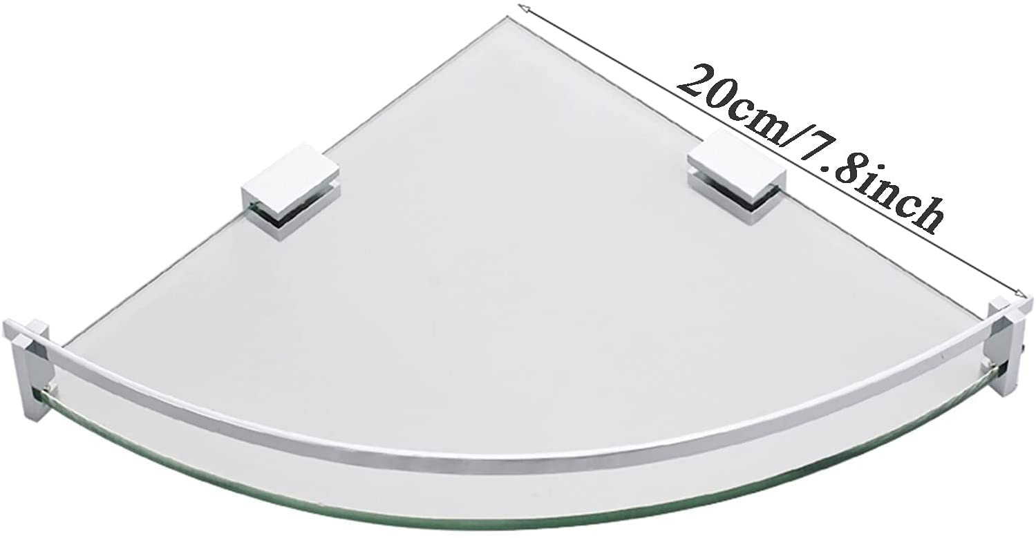 Estante de Vidrio esquinero para baño, Estante de Vidrio Templado con perforación montado en la Pared, para baño, Dormitorio, Estante de Ducha de Oficina con barandilla, Plateado, 20 cm