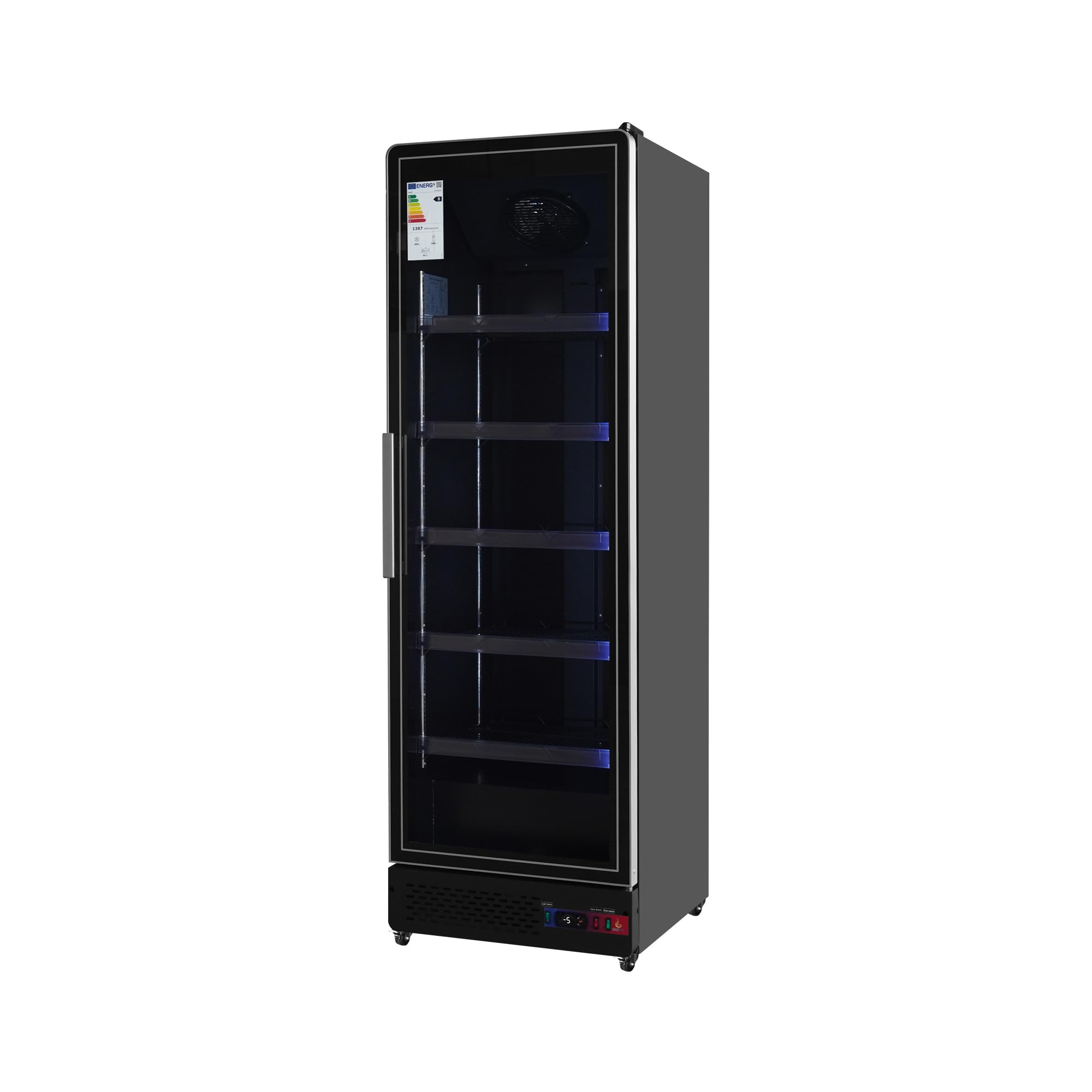 Armario Expositor Refrigerado Profesional | 1 Puerta Cristal, Sub-Zero, 450L, Luz LED Multicolor, Control Digital CAREL, Ventilado, Clase Energética B, Acero Inox Negro