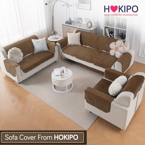 Image of HOKIPO Quilted Sofa Cover 6 Seater Set - Washable 3+2+1 Sofa Panel for Seat & Back | 'Quilt Classic' Light Coffee (IN-927+926+925 * 2-LCY)