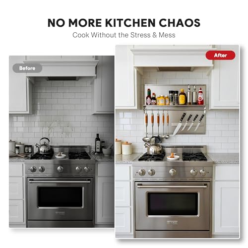 Image of Wilprep Stainless Steel Stove Backsplash, 36 inchx24 inch Range Hood Backsplash with Storage Shelf Magnetic Knife Rack, Range Backsplash with Predrilled Holes, Stainless Steel Backsplash for Stove Range Hood