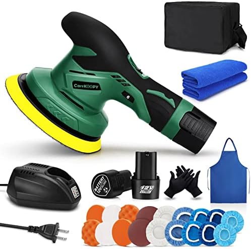 Carrkoopy Cordless Car Buffer Polisher with 12V Lithium Rechargeable Battery Brushless Polisher, 2.0Ah Portable Buffer Kit for Buffer/Polisher/Sander, 6 Variable Speed (Upgraded Dark Green)