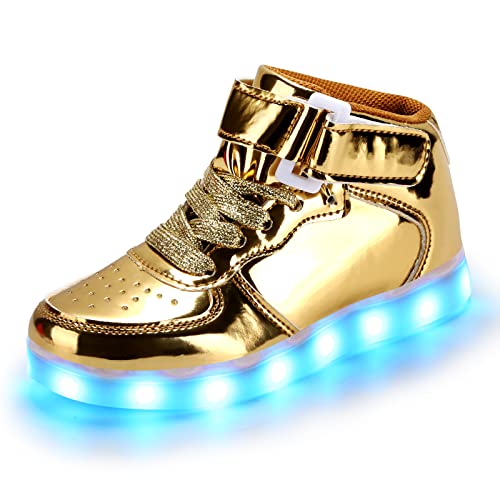 PADGENE Chaussures Enfants Garçon Fille Basket LED Lumineuse 7 Couleurs Clignotants USB Rechargeable Securité Mode Haut Dessus, Or Classique, 27 EU
