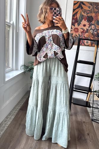 MARZXIN Casual Pants for Women Haze Blue Lace Tiered Patchwork Ruched Wide Leg Pants2